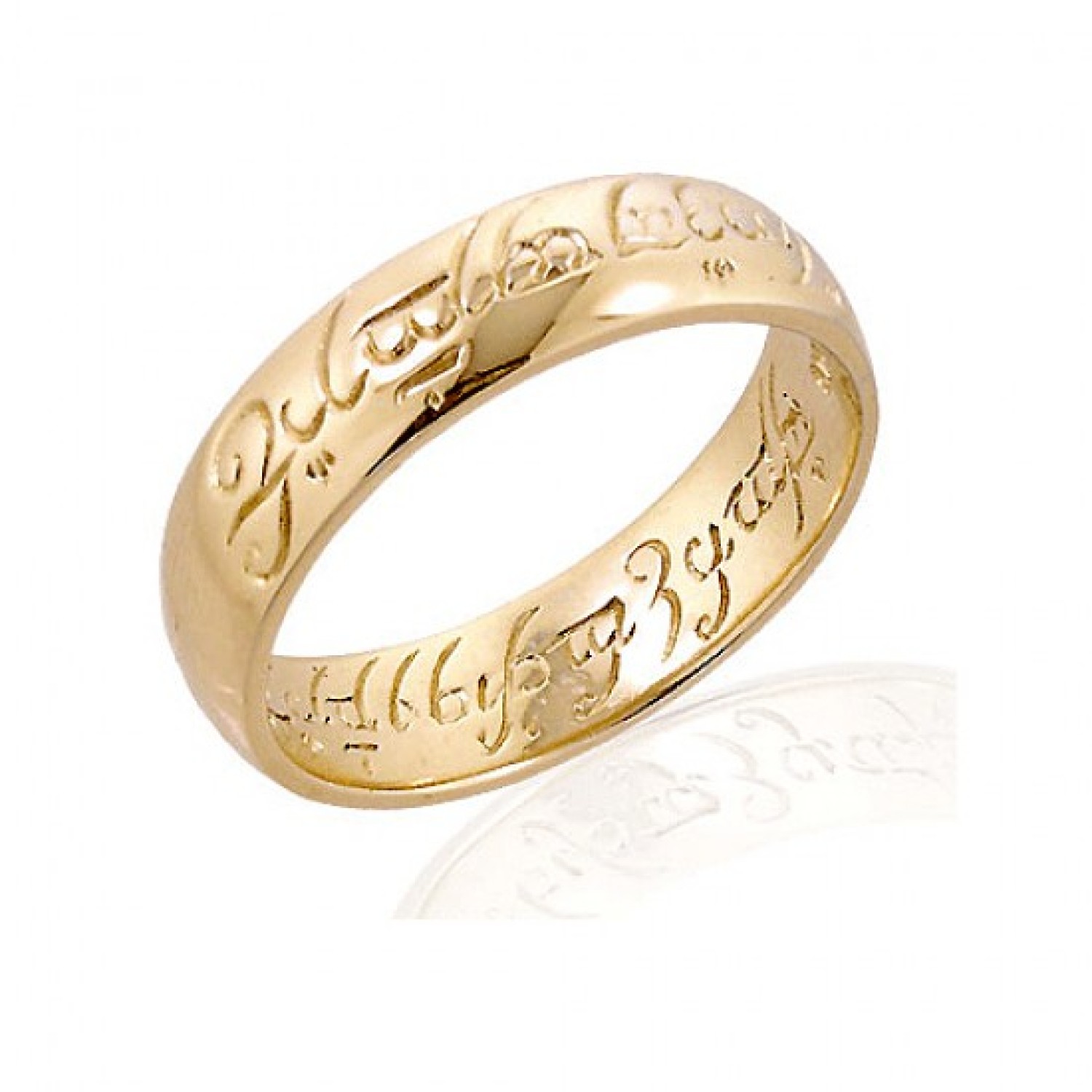 Official Lord Of The Rings Ring of Power in 9K Gold. One ring to rule them all,One ring to find them,One ring to bring them all and in the darkness bind them. Engraved with Elvish Runes in black anodised Elvish Script. The only Official Lord of the Rings 